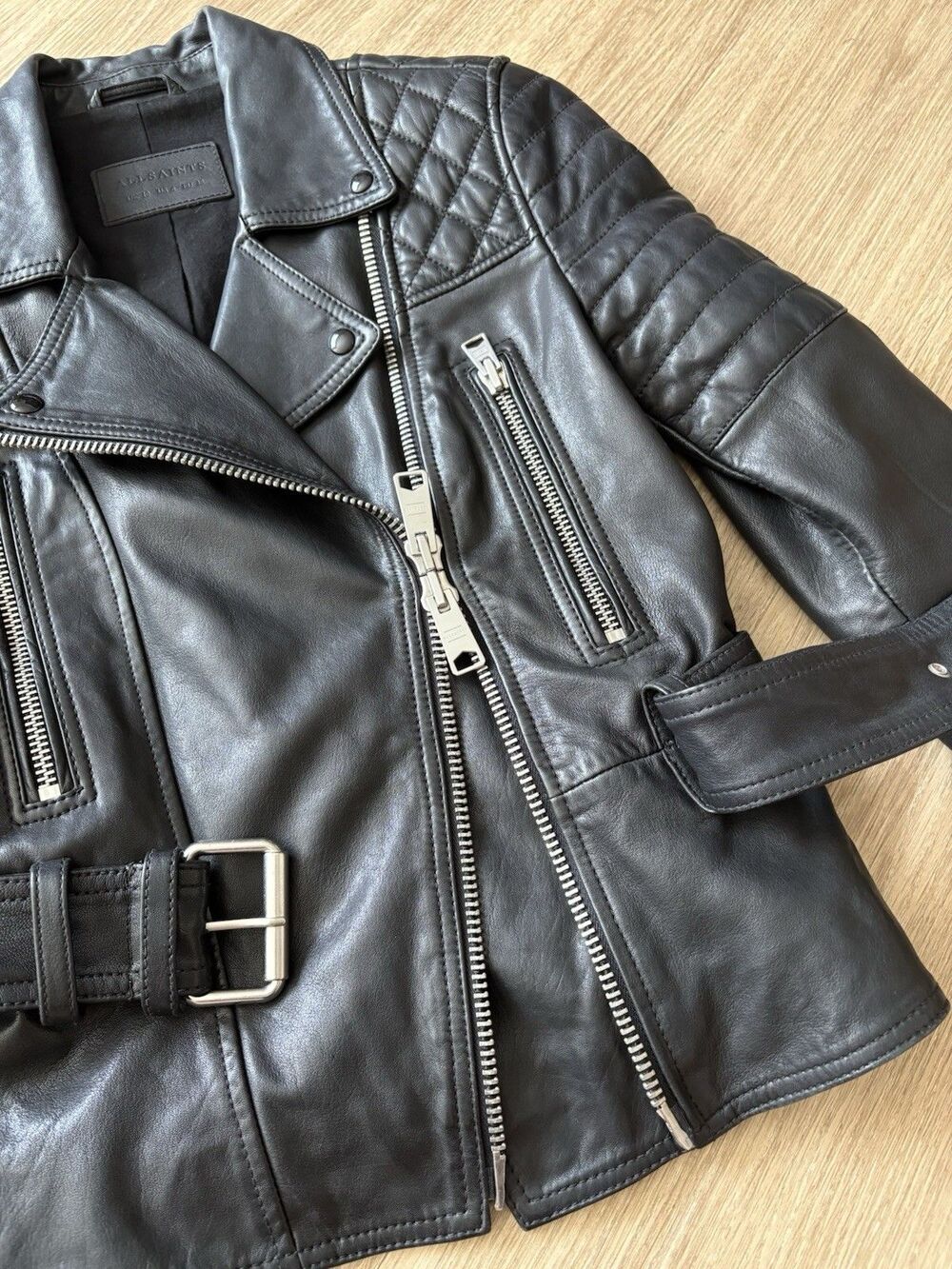 AllSaints Women’s Black Bryden Biker moto jacket Lamb Leather Sz UK 10 US 6 EU38 - Picture 5 of 8